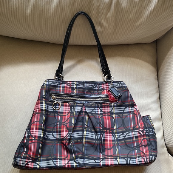 Large Vintage Coach Red and Black Plaid Purse - Picture 2 of 11